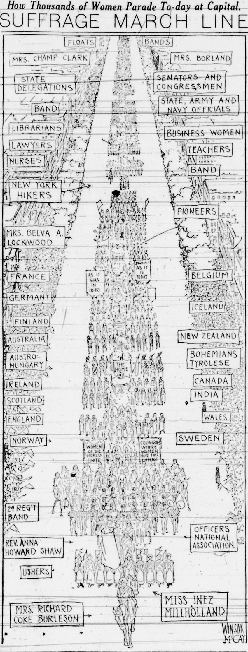 Women marchers organized by country, state, occupation, and organization, led by Miss Inez Milholland and Mrs. Richard Coke Burleson, during the suffrage march, March 3, 1913, Washington, D.C.