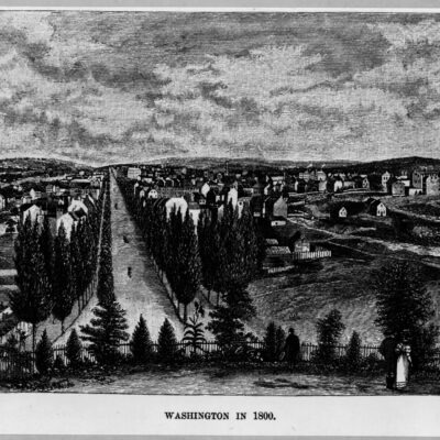 Image shows a black-and-white engraving published in 1834 to portray Washington, D.C. and the west front of the U.S. Capitol grounds as they were in 1800. Includes the west end of the west grounds and Pennsylvania Avenue, with poplar trees planted in 1803.