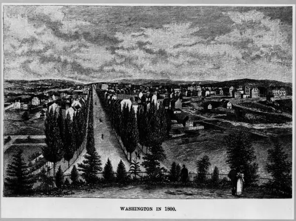 Image shows a black-and-white engraving published in 1834 to portray Washington, D.C. and the west front of the U.S. Capitol grounds as they were in 1800. Includes the west end of the west grounds and Pennsylvania Avenue, with poplar trees planted in 1803.