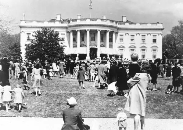 Children and parents on lawn of the White House for Easter Monday egg roll