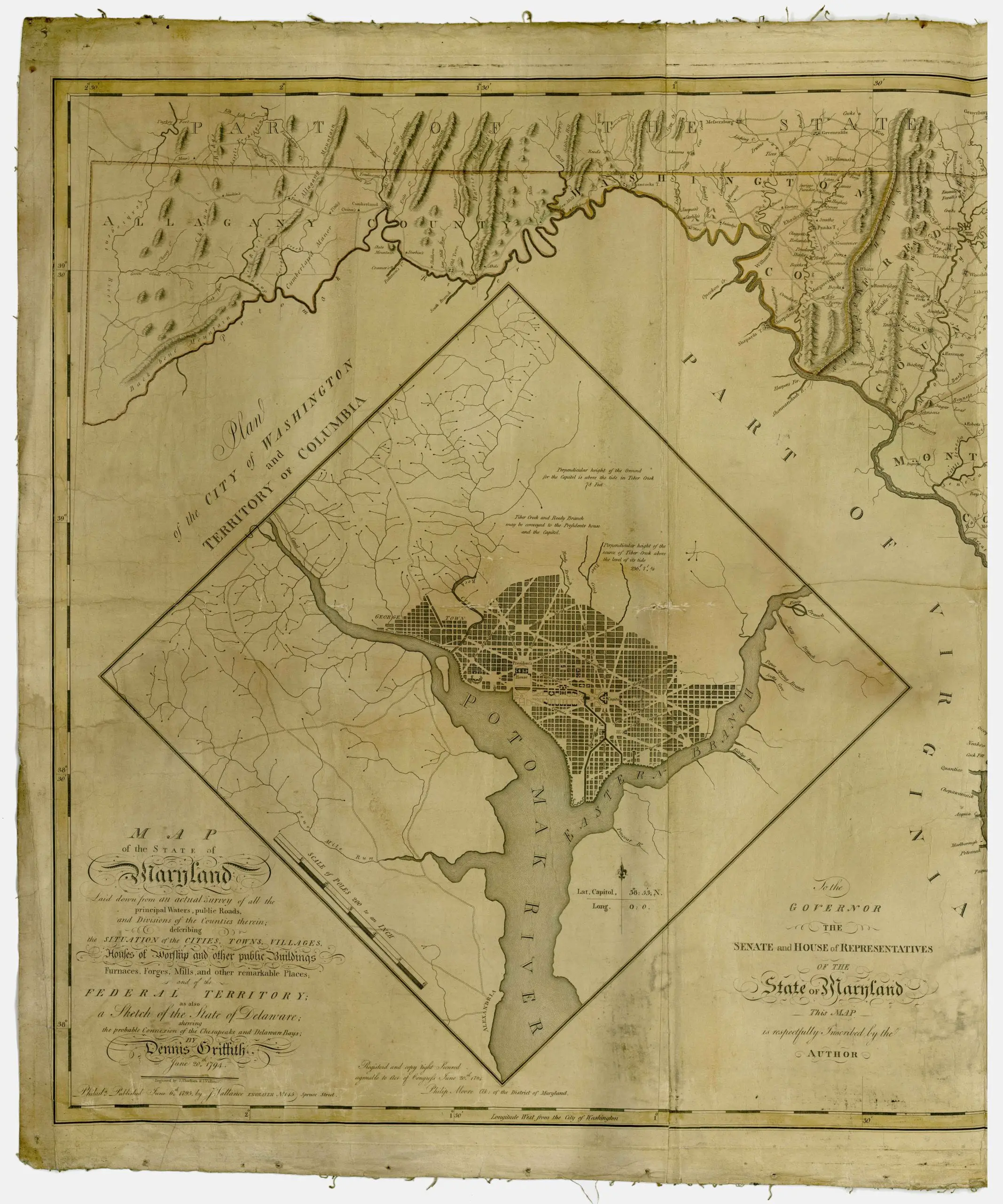 Description Map of the State of Maryland, laid down from an actual survey of all the principal waters, public roads, and divisions of the counties therein, describing the situation of the cities, towns, villages, houses of worship and other public buildings, furnaces, forges, mills, and other remarkable places, and of the Federal Territory, as also a sketch of the State of Delaware shewing the probable connexion of the Chesapeake and Delaware Bays, June 20th, 1794. Relief shown pictorially; Hand colored; Engraved by J. Thackara & J. Vallance; Includes "Plan of the city of Washington and Territory of Columbia" and a dedication to the Governor, the Senate and House of Representatives of the state of Maryland.