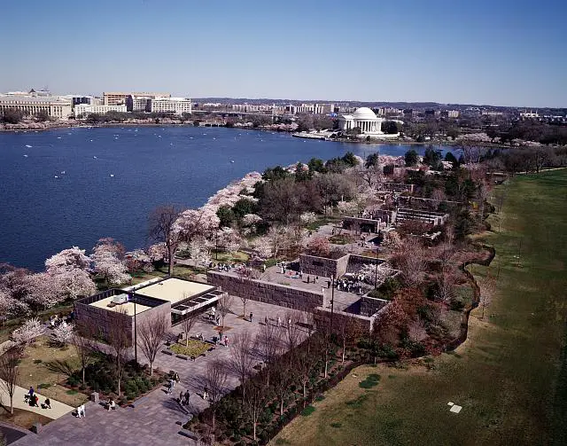 Aerial view of Tidal basin while cherry blossoms in bloom