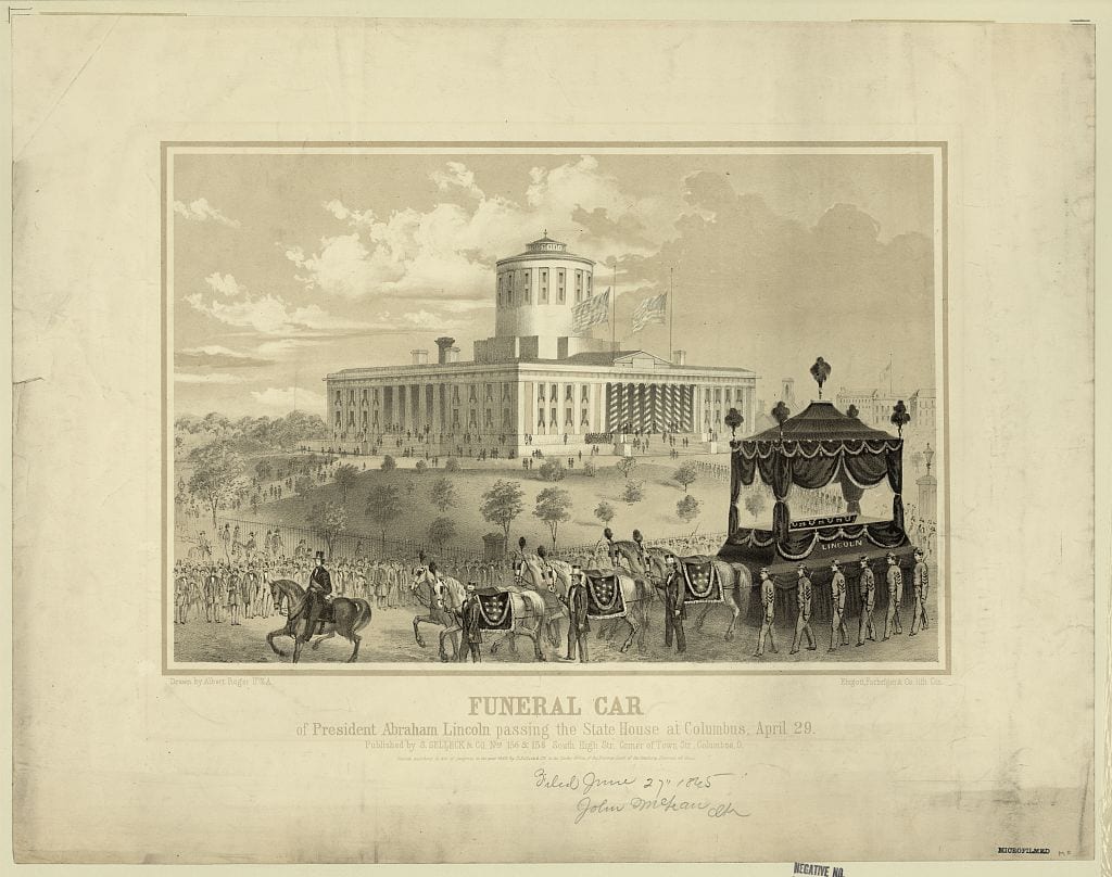 Funeral car of President Abraham Lincoln passing the State House at Columbus, April 29