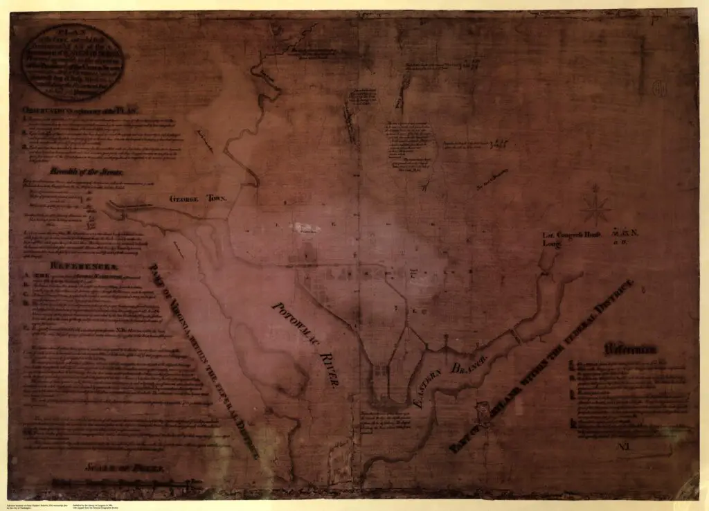 Plan of the city intended for the permanent seat of the government of t[he] United States : projected agreeable to the direction of the President of the United States, in pursuance of an act of Congress, passed on the sixteenth day of July, MDCCXC, "establishing the permanent seat on the bank of the Potowmac"