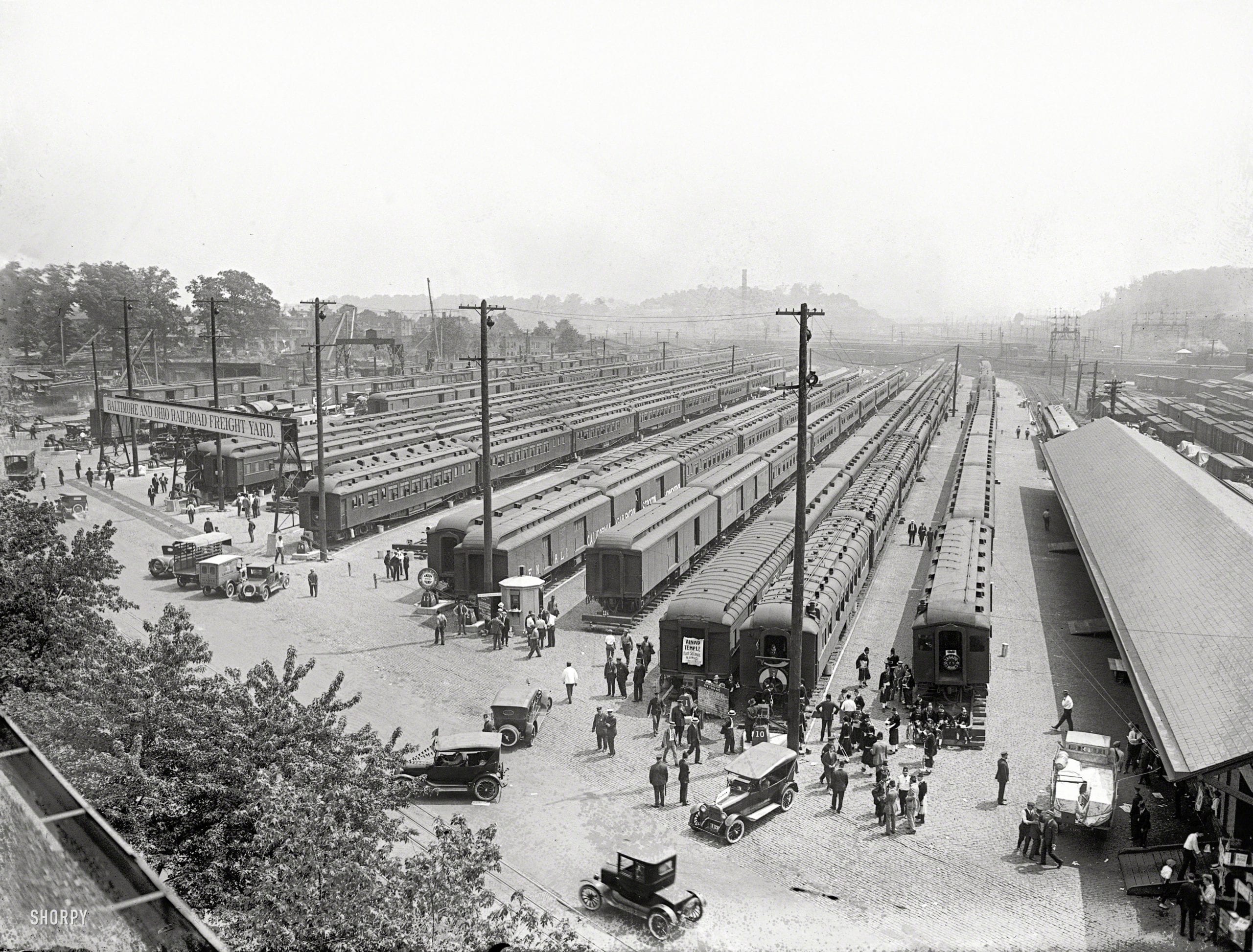 "Eckington Yards, June 4, 1923." A rare and unusually detailed look at the Baltimore & Ohio rail yard in Washington, D.C., during that year's big gathering of Masonic lodges. National Photo Company glass negative.