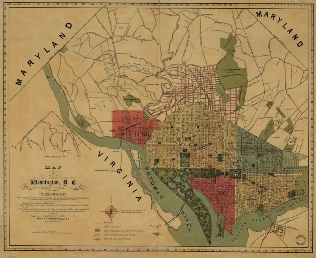 Map of Washington, D.C., and environs : with marginal numbers and measuring tape attachment for instantly locating points of interest within a radius of twenty miles from the Capitol /