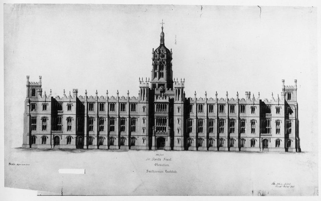 Proposed design for Smithsonian Institution Building by John Notman, north front elevation. It is a Gothic design with three stories, a central tower/cupola, crenellated embattlements, and symmetrical wings. The design was submitted for the competition sponsored by the Building Committee of the Board of Regents, December 23, 1846