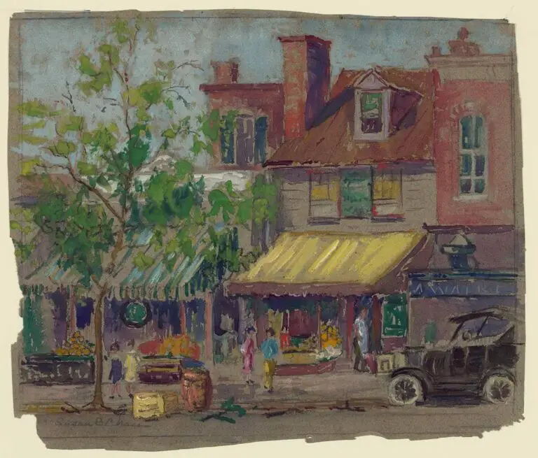 Landscape drawing shows storefronts on Pennsylvania Avenue in Washington, DC between 22nd and 23rd streets. A shopkeeper stands in the doorway of one of the buildings. Women are on the sidewalk. A car is parked at the curb.