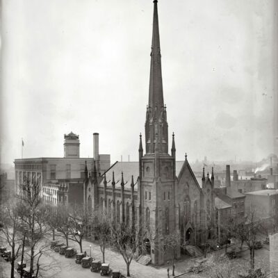 Circa 1924, "Metropolitan Methodist Church, C Street, Washington, D.C." And the Ford building next door. National Photo Company glass negative. View full size. The church, at C Street NW and John Marshall Place, was abandoned and razed after the congregation moved to its Nebraska Avenue location in the 1930s. The 1905 Ford Motor Co. building on Pennsylvania Avenue was torn down in 1980.