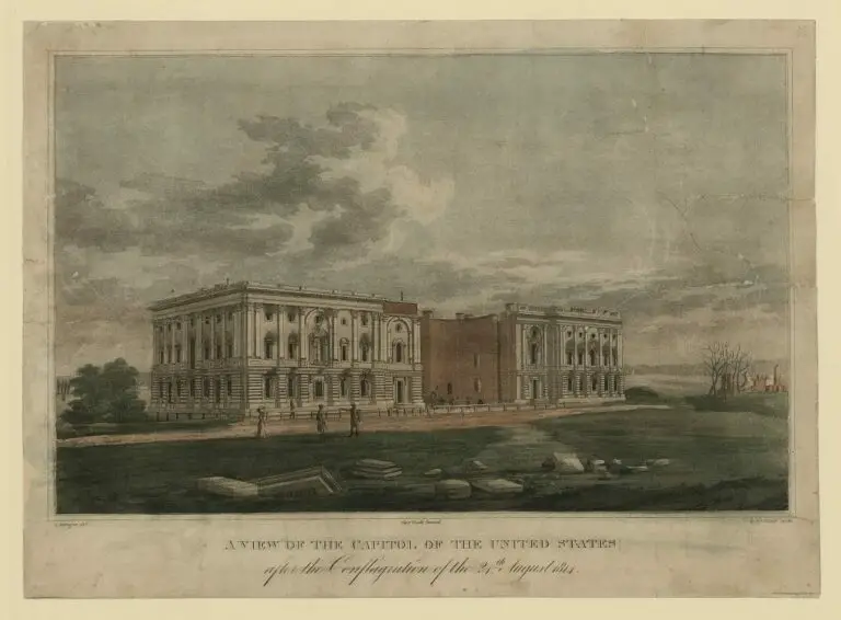 Engraving of the Capitol after it was burned in August 1814