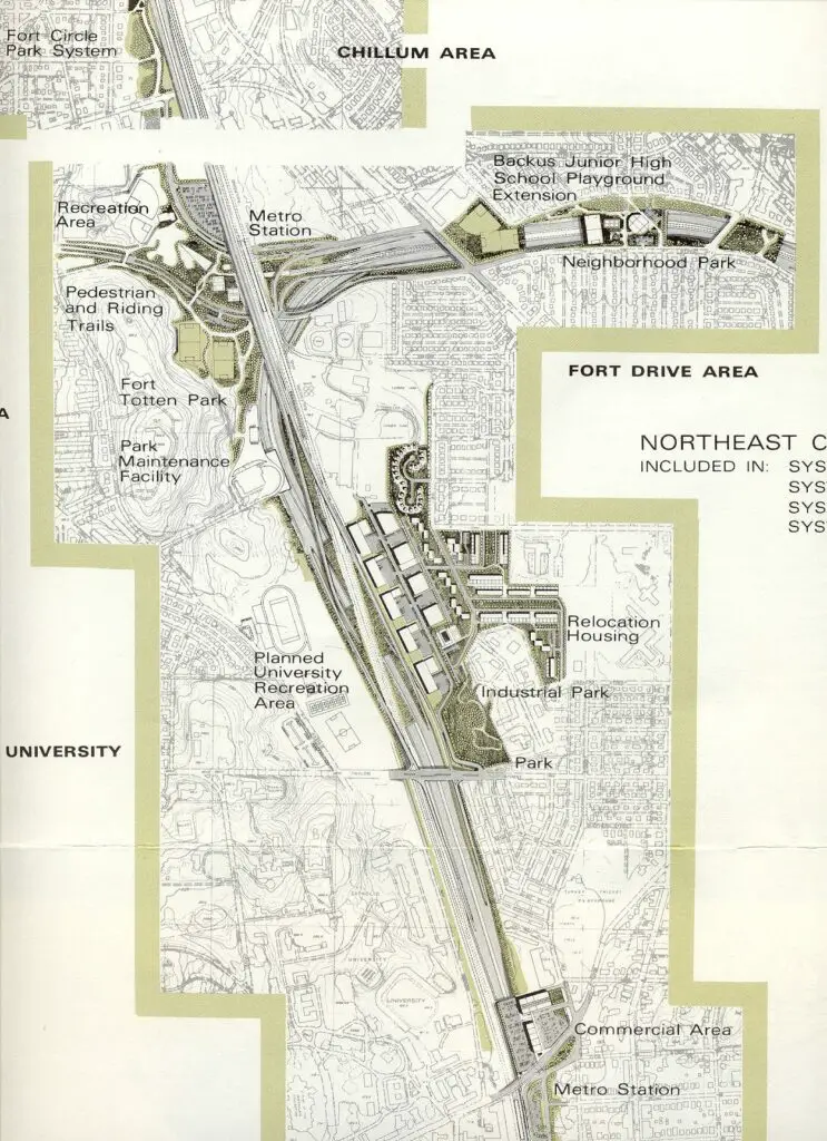 Notice the decked/tunneled section south of Fort Totten, then the over 90-degree turn to the east, then the decked/tunneled section between Galloway Street and Gallatin Street, with the Metrorail Glenmont Route (Red Line trains) following the North Central Freeway (I-95 south of Fort Totten and I-70S north of Fort Totten), and with the Metrorail Greenbelt Route (Green Line trains) following the Northeast Freeway (I-95 east of Fort Totten). The area between Galloway Street and Gallatin Street where the Northeast Freeway was proposed was mostly open fields then and still is now.