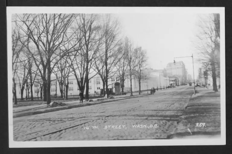 Looking north up 14th Street NW from just below Constitution Avenue NW. Visible is the Commerce Department and the Willard Hotel in the distance. A set of streetcar tracks appear embedded in the street in the foreground.