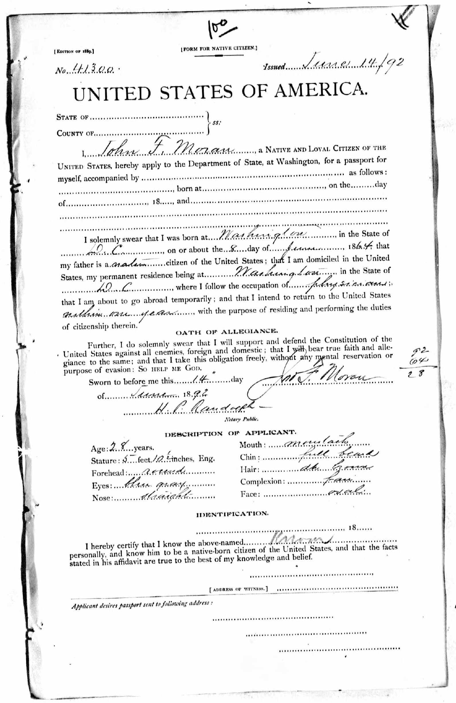 John F. Moran 1892 passport application