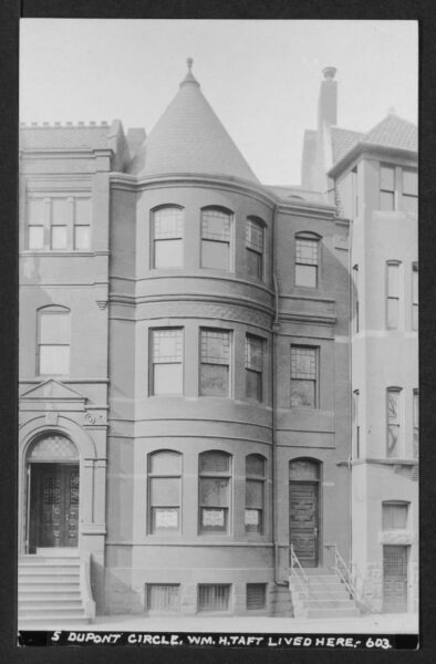 View of 5 Dupont Circle NW where President William H. Taft once lived. FOR RENT signs are taped into the first floor windows. Image also includes partial views of 4 and 6 Dupont Circle.