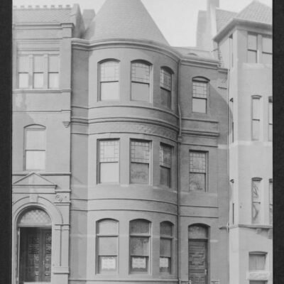View of 5 Dupont Circle NW where President William H. Taft once lived. FOR RENT signs are taped into the first floor windows. Image also includes partial views of 4 and 6 Dupont Circle.
