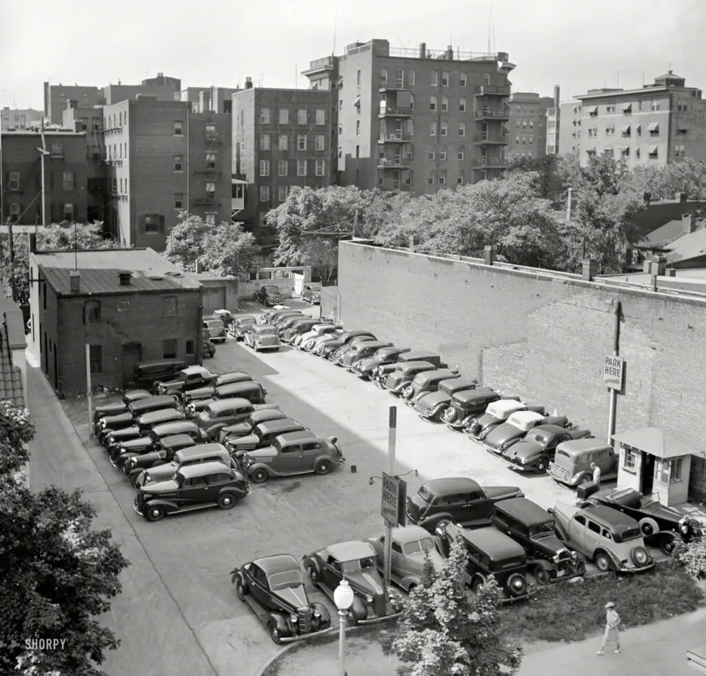July 1937. "Parking lot in Washington, D.C." Medium-format negative by Russell Lee for the Resettlement Administration.