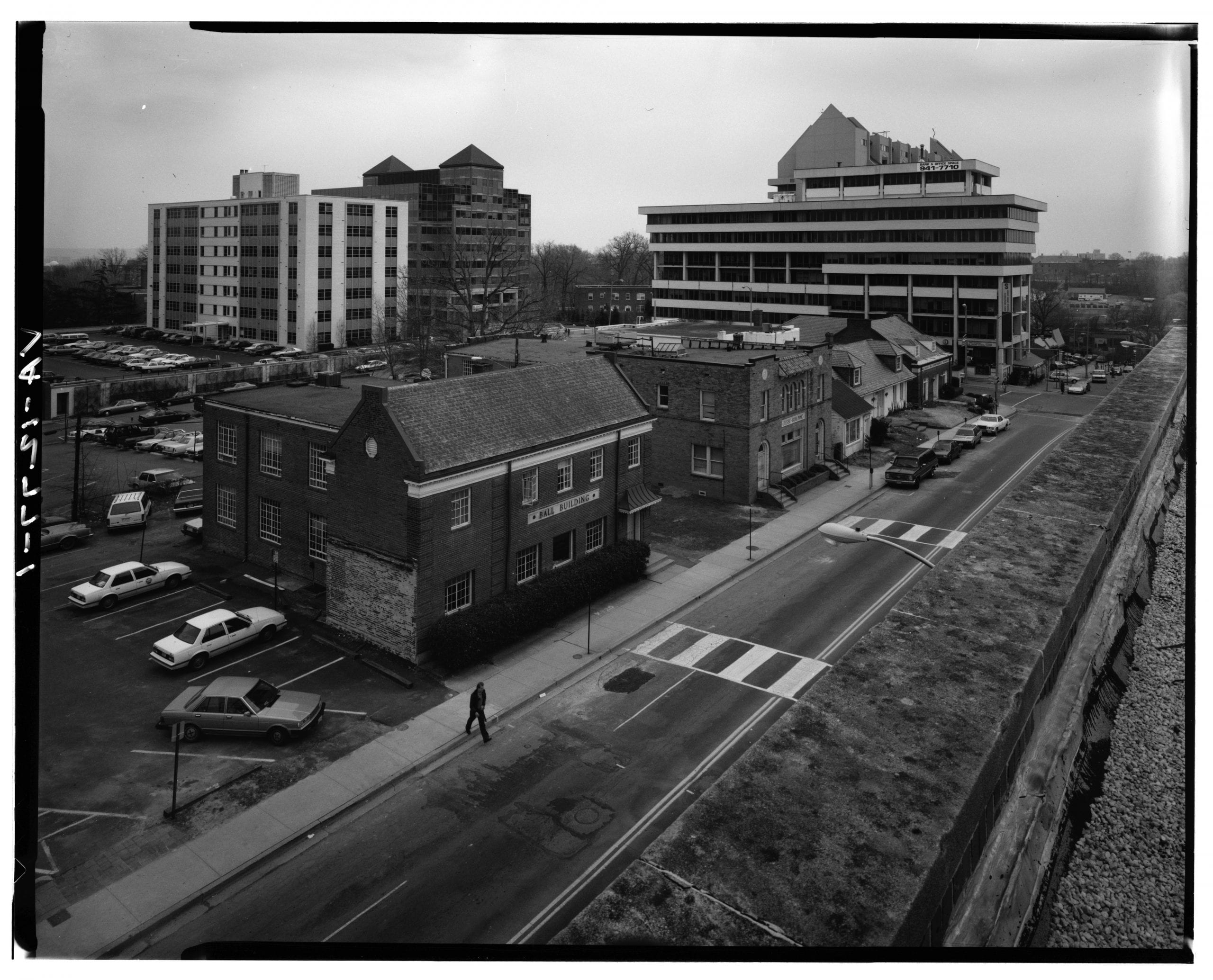 AERIAL VIEW OF WEST/FRONT AND NORTH/SIDE FACADES, LOOKING SOUTHEAST (FROM LEFT TO RIGHT): VA-1272 Ball Building, 1437 N. Court House Road. VA-1273 Jesse Building, 1423-27 N. Court House Road. VA-1276 Jesse-Hosmer Building, 1419 N. Court House Road. VA-1275 Moncure (Adams, Porter, Radigan) Building, N. 1415 Court House Road. VA-1274 Rucker Building, N. 1403 Court House Road. - Lawyers' Row Block, North Court House Road between Fourteenth & Fifteenth Streets, Arlington, Arlington County, VA