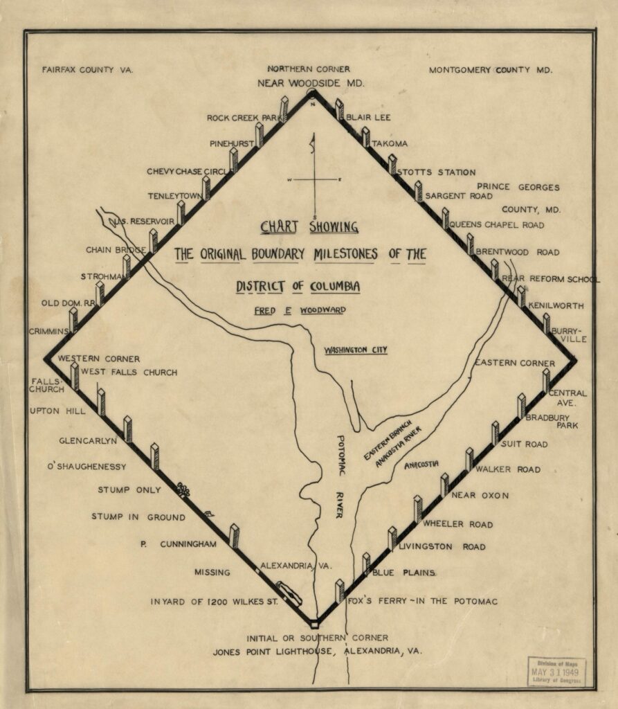 1906 map showing the original boundary milestones of the District of Columbia