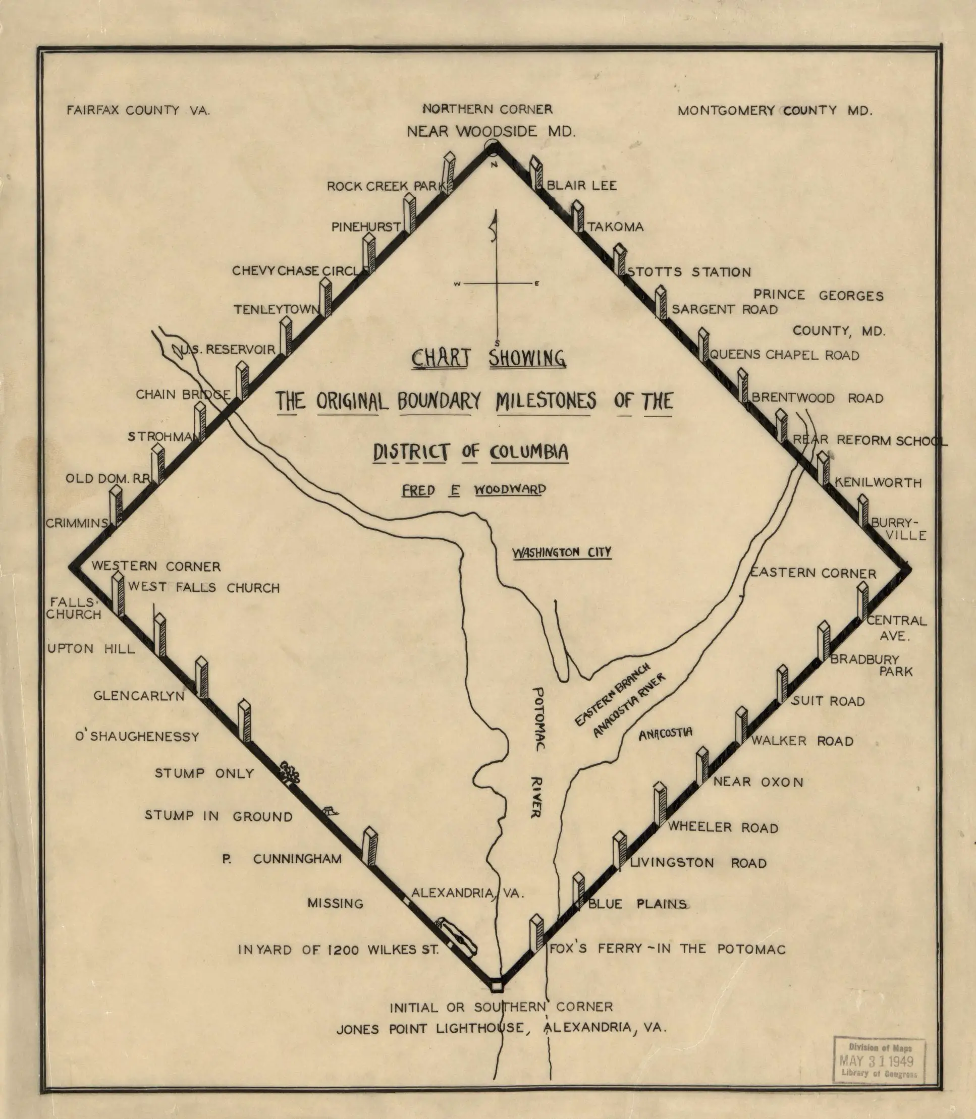 1906 map showing the original boundary milestones of the District of Columbia