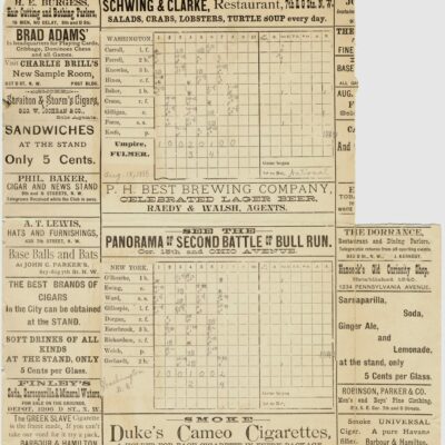 Scorecard for 1886 baseball game between Washington Nationals and New York Giants; advertisements printed on borders of card. Printed on card: "Washington, New York." Handwritten on card: "Aug. 18, 1886, Washington, D.C." Penciled notations on scorecard.