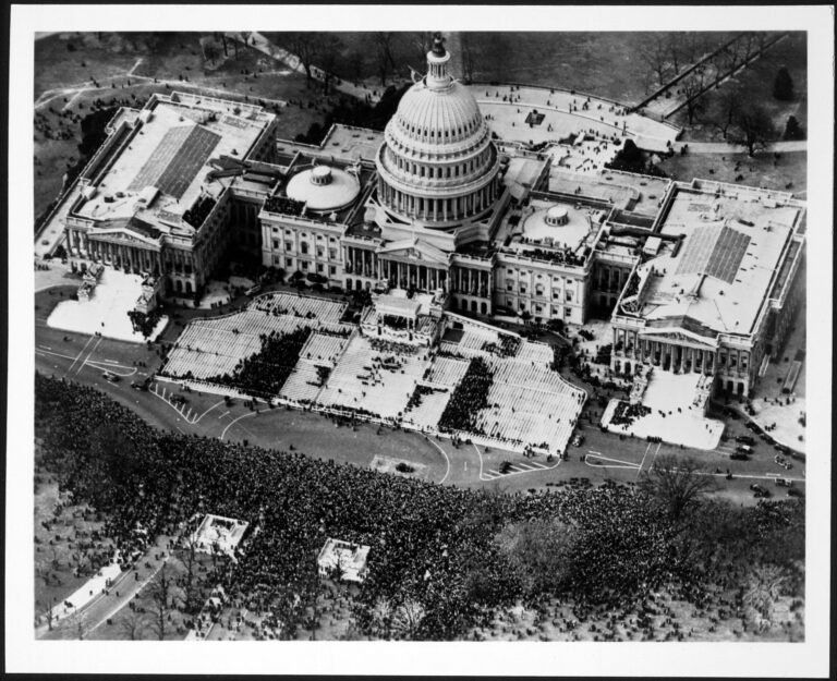 Aerial view of U.S. Capitol and crowd on the grounds of the east front of the U.S. Capitol, during the inauguration of Franklin Delano Roosevelt, March 4, 1933