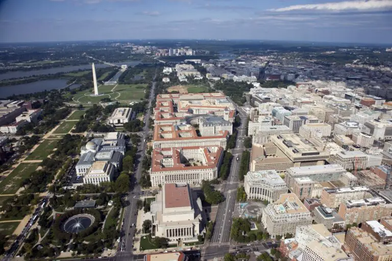 Aerial view of Pennsylvania Avenue looking west, showing Federal Triangle and the National Mall. (2006)