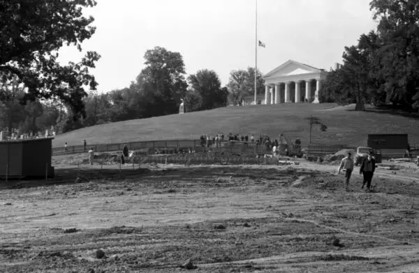 The John F. Kennedy Eternal Flame memorial under construction in Arlington Cemetery, Arlington, Virginia