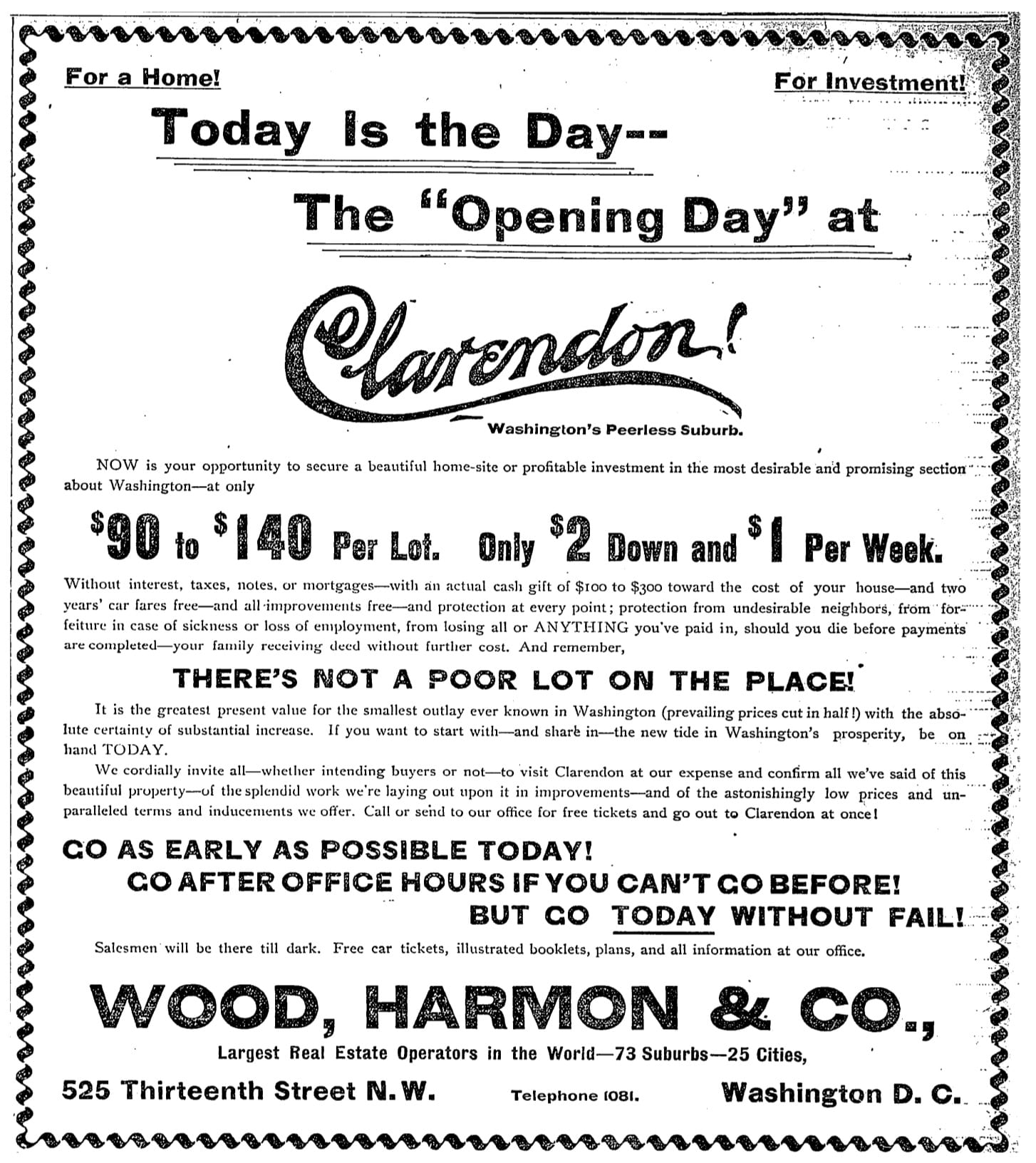 Real estate advertisement for Clarendon in the Washington Post on April 23rd, 1900