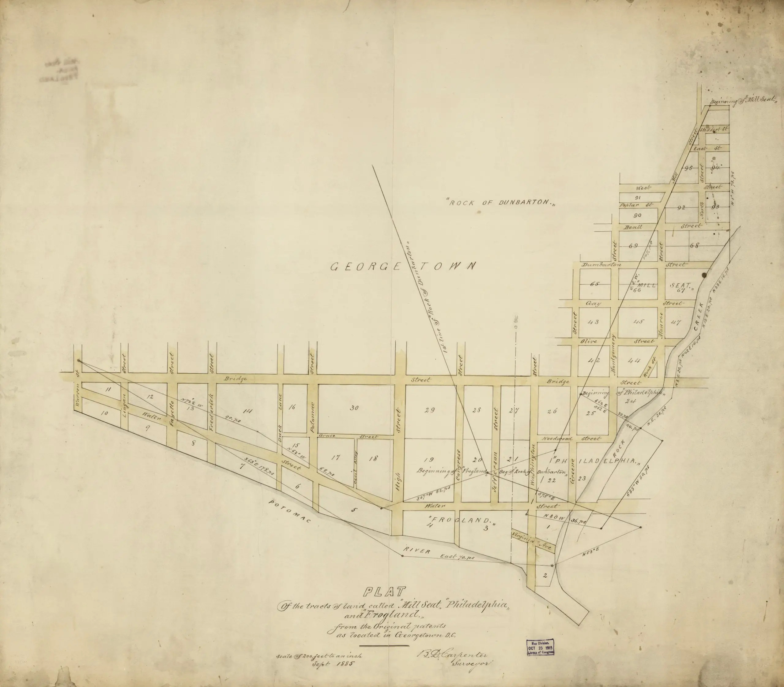 Plat of the tracts of land called "Mill Seat," "Philadelphia," and "Frogland," from the original patents as located in Georgetown D.C. / B.D. Carpenter, surveyor.