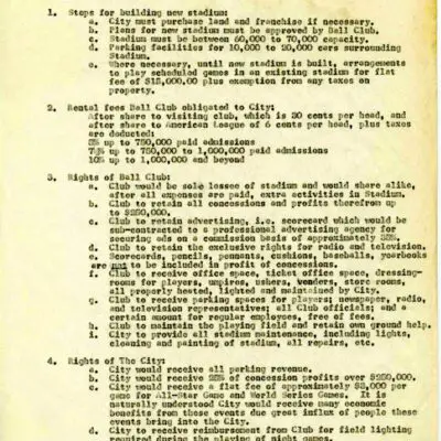 List of requirements for a municipal baseball stadium lease, including steps for building a stadium, the baseball club's rental obligations, the rights of the ball club, and the rights of the city.