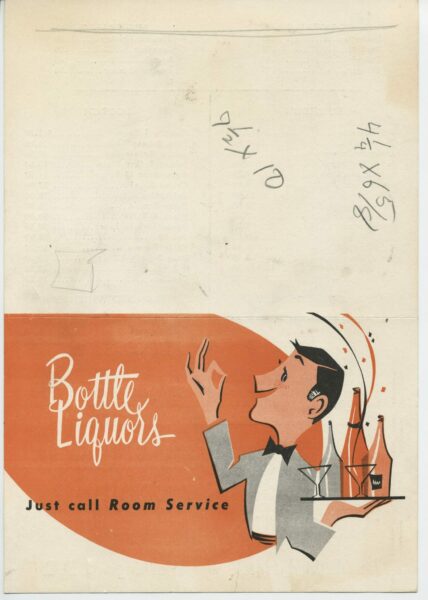A menu for bottle liquors room service at the Willard Hotel.