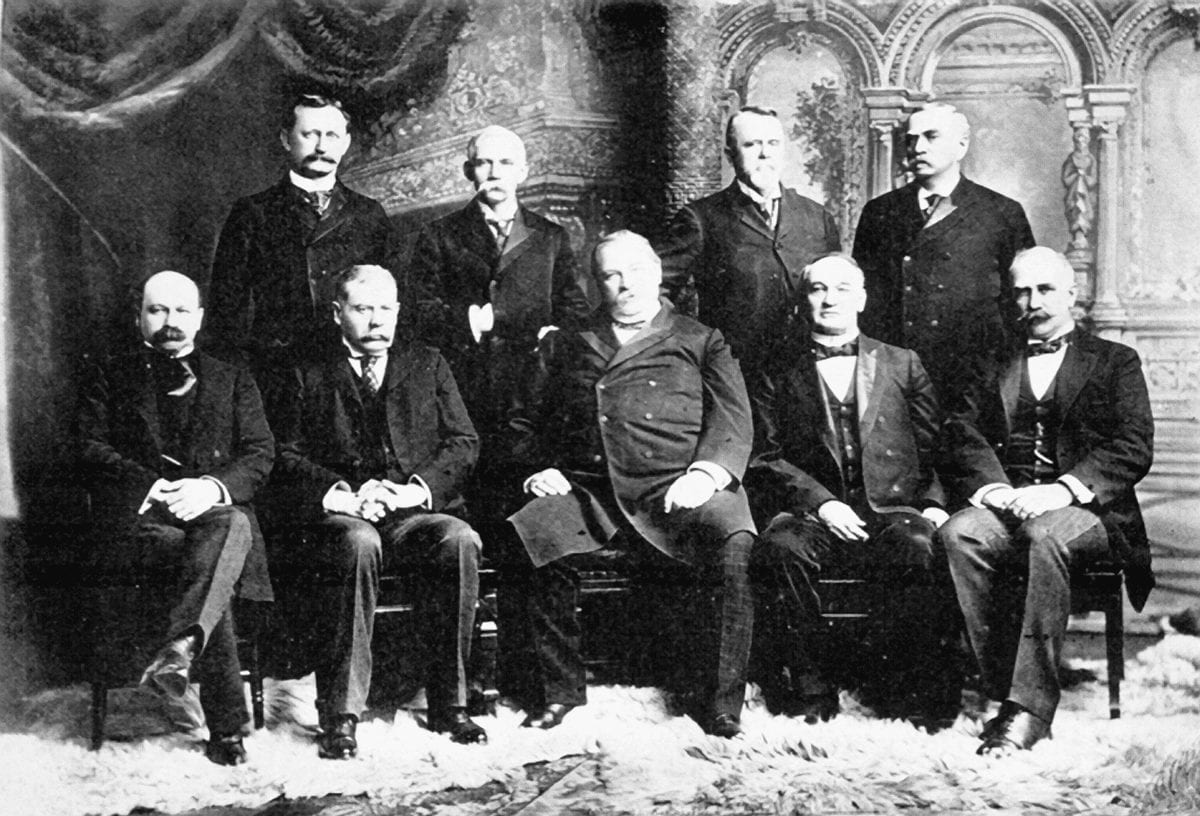 Grover Cleveland's last cabinet - Front row, left to right: Daniel S. Lamont, Richard Olney, Cleveland,John G. Carlisle, Judson Harmon Back row, left to right: David R. Francis, William L. Wilson, Hilary A. Herbert, Julius S. Morton