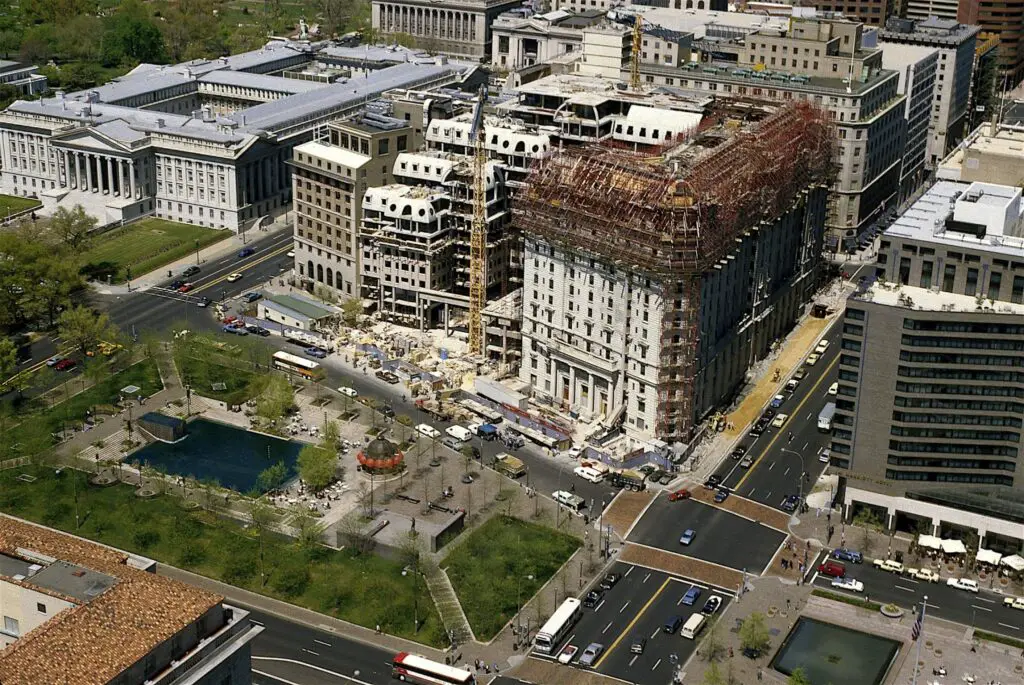 Aerial view of the Willard Hotel during restoration, Washington, D.C.