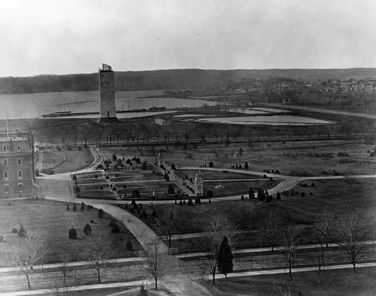 1877 view of the Washington Monument under construction as seen from the Tower of the Smithsonian (now the Smithsonian Castle)