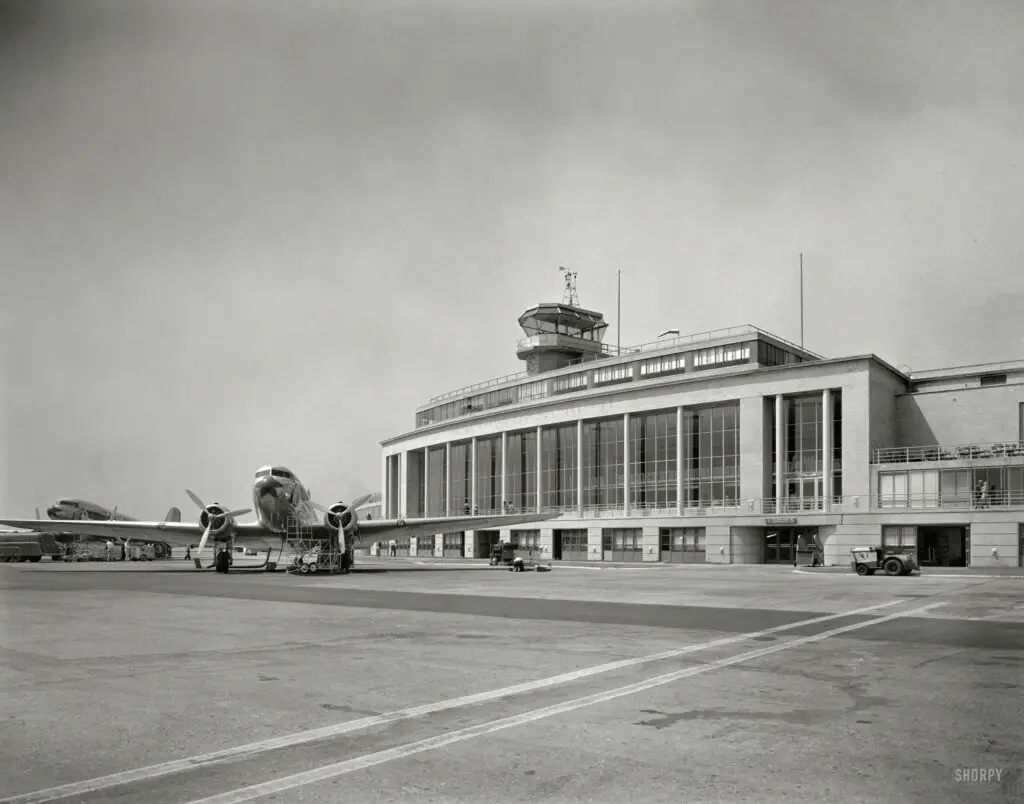 Arlington County, Va., circa 1941. "National Airport. Plane in front of passenger terminal and control tower." Photo by Theodor Horydczak.