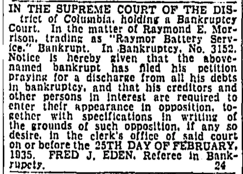 Bankruptcy notice in Washington Post - 1935
