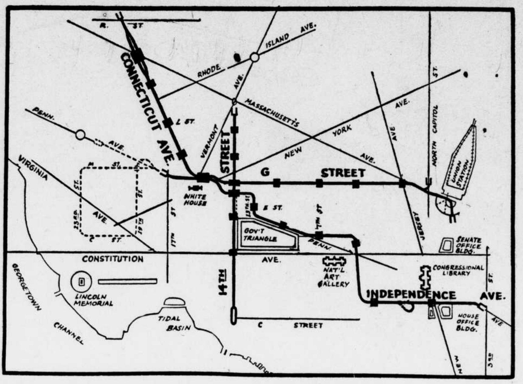 SUBWAY ROUTES - The three subway routes proposed by engineers for the District are shown on this map in solid black lines, and the dotted lines show possible subway extensions. The large dotted loop would serve the proposed Army and Navy group of buildings.