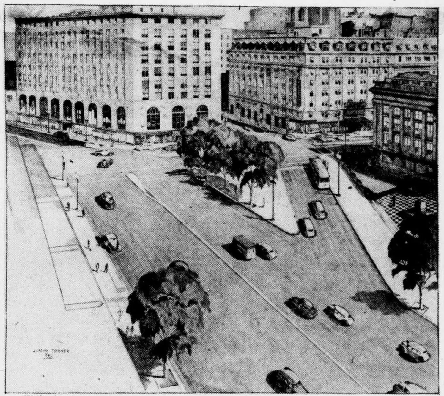 With streetcar tracks removed by construction of subways, here is an artist's conception of how the intersection of Pennsylvania avenu, Fifteenth street, G street and New York avenue would appear