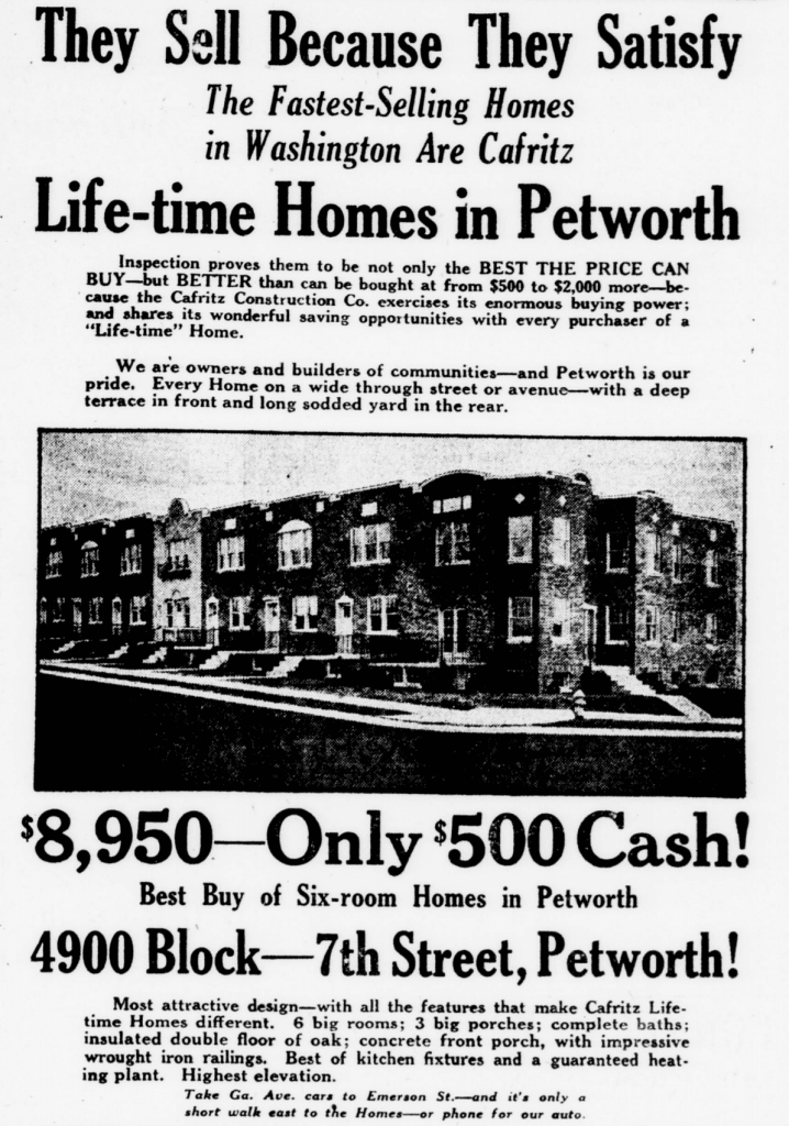 1926 ad for Petworth homes in The Evening Star