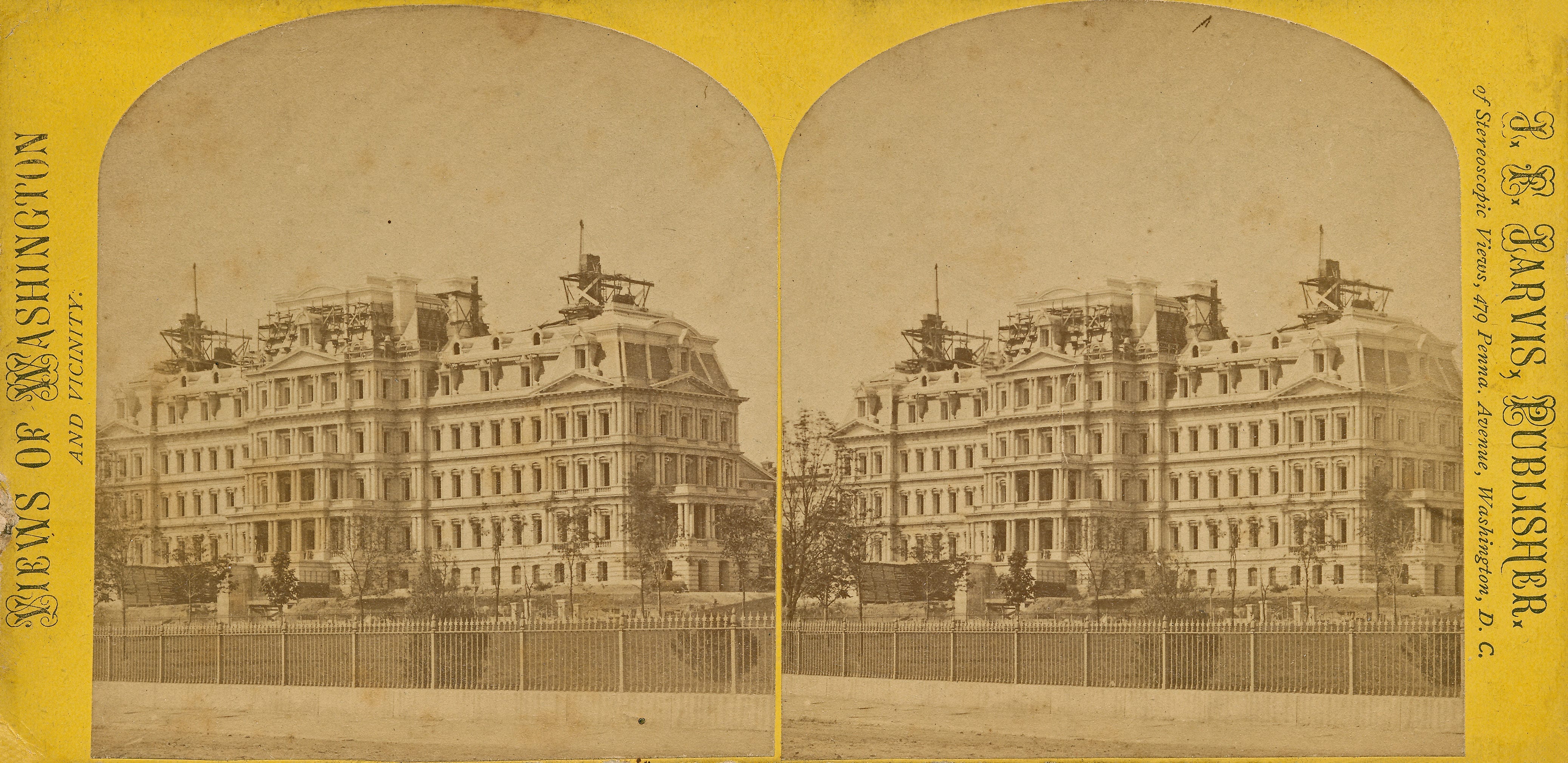 Here's a circa 1876 stereoview image of the Old Executive Office Building under construction just as the south wing (for the State Department) was nearing completion. You can see just a tiny bit of the old Navy Department building--one of the original ones designed by George Hadfield--on the right, behind the new building. It would take 17 years to finish the whole thing.