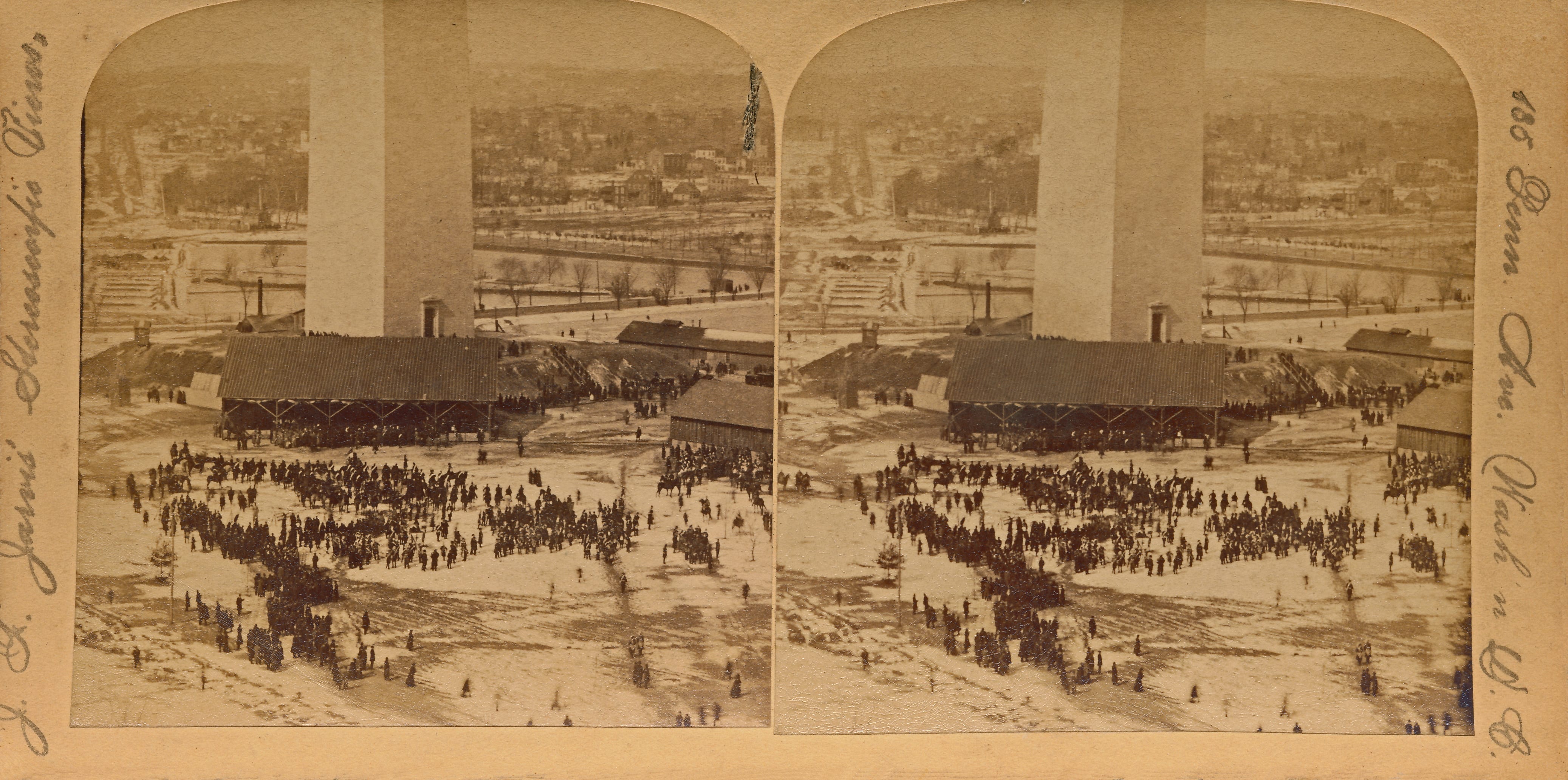 Stereoview of people congregating for the dedication of the Washington Monument on a snowy day in February 1885.