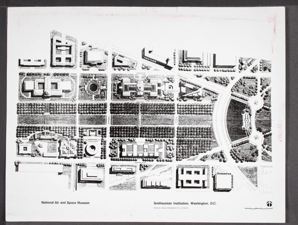 Aerial illustration of the National Mall, featuring the National Air and Space Museum designed by HOK, along with the surrounding landscape.