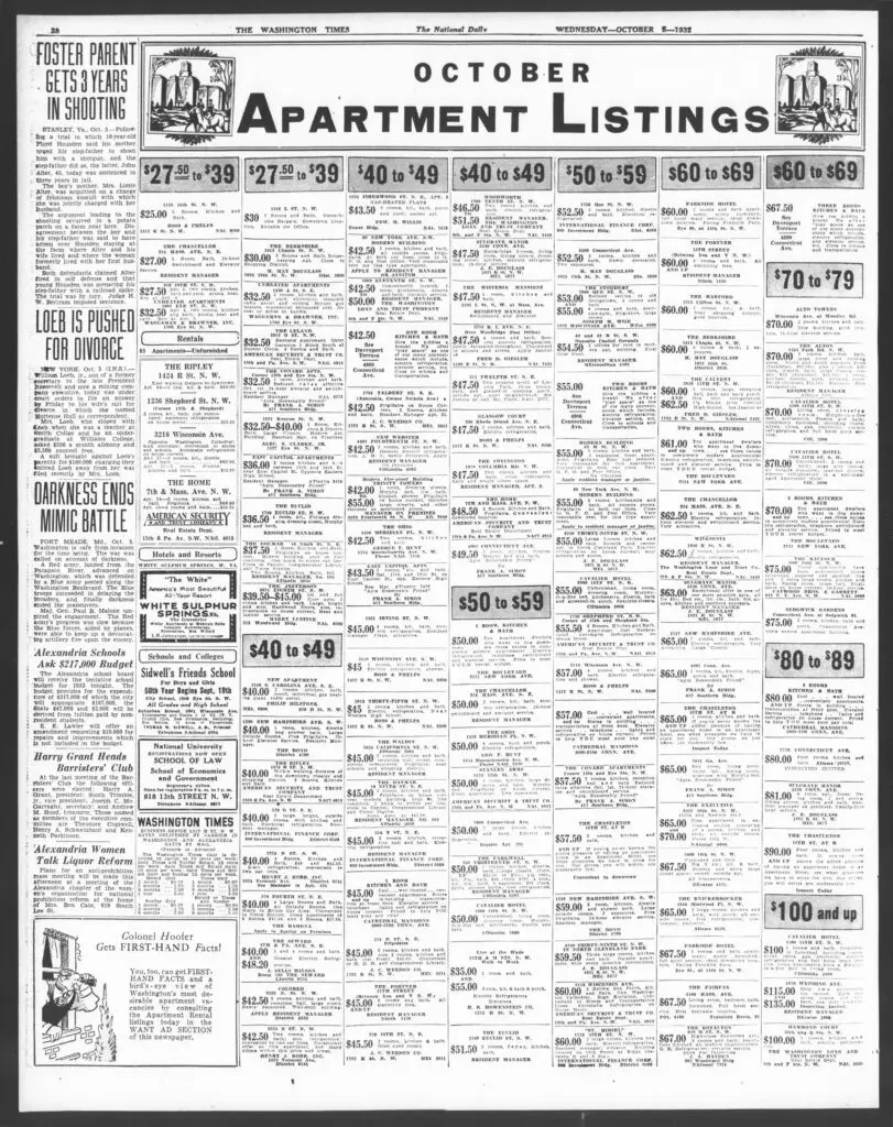 Washington Times October 1932 classified ads for apartment listings