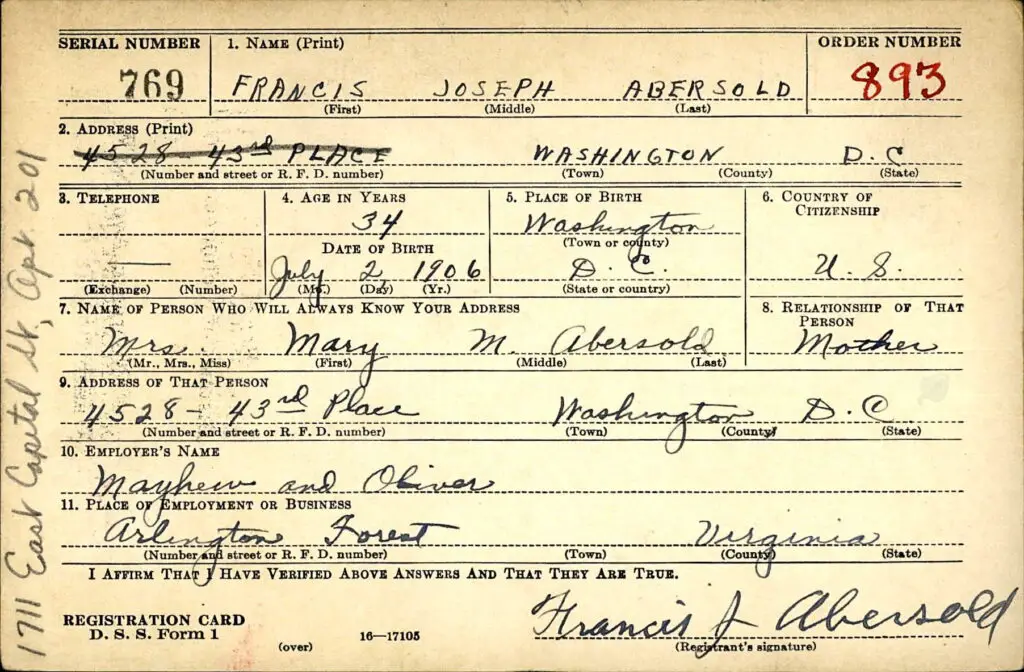 World War II draft card for Francis Aebersold