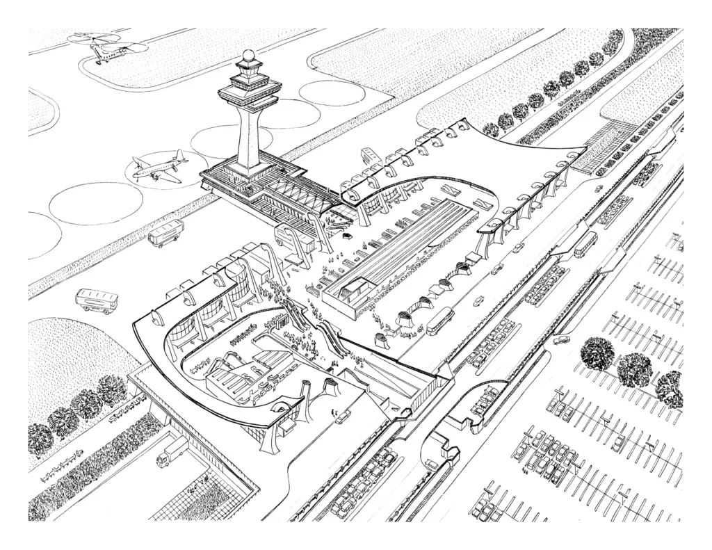 Architectural drawing of Dulles Airport's main terminal by Eero Saarinen