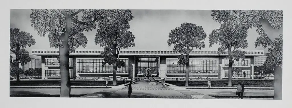 Early concept model of National Air Museum entrance by Gyo Obata, Hellmuth, Obata & Kassabaum, viewed from Independence Avenue.