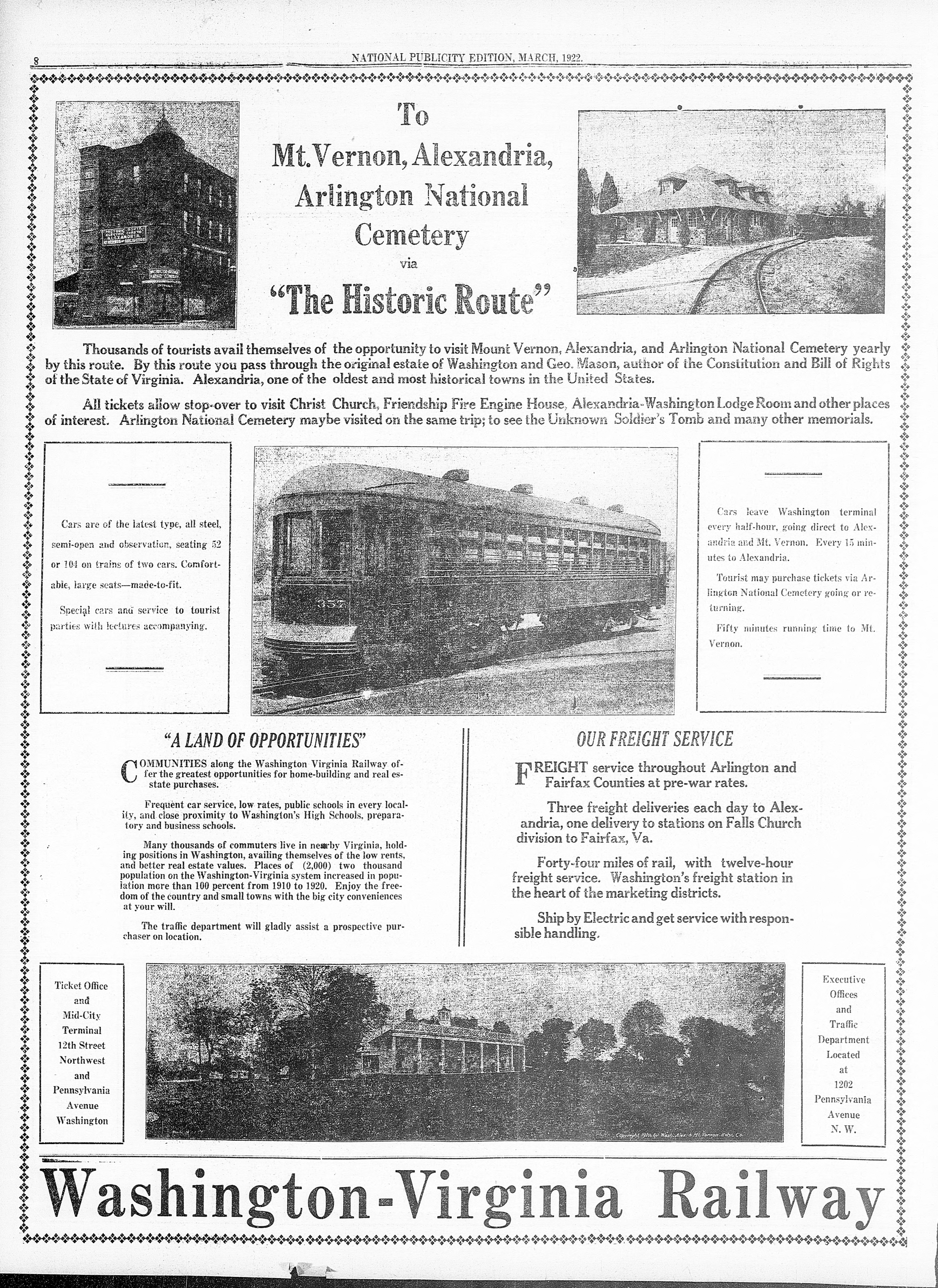 Black and white image of an antique Washington Virginia Railway Company advertisement. The ad depicts a train and highlights the railway's passenger and freight services in Arlington County, Virginia in the early 1920s.