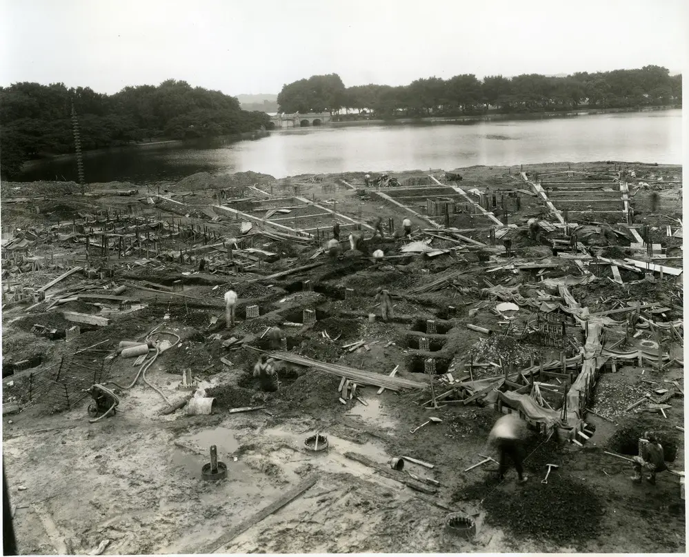 June 3, 1939: Thomas Jefferson Memorial Foundations after Cherry Tree Rebellion subsided. Washington, DC. Facing West, showing caps and tie beams in SW quadrum. Raymond Concrete Pile Co., Contrs.