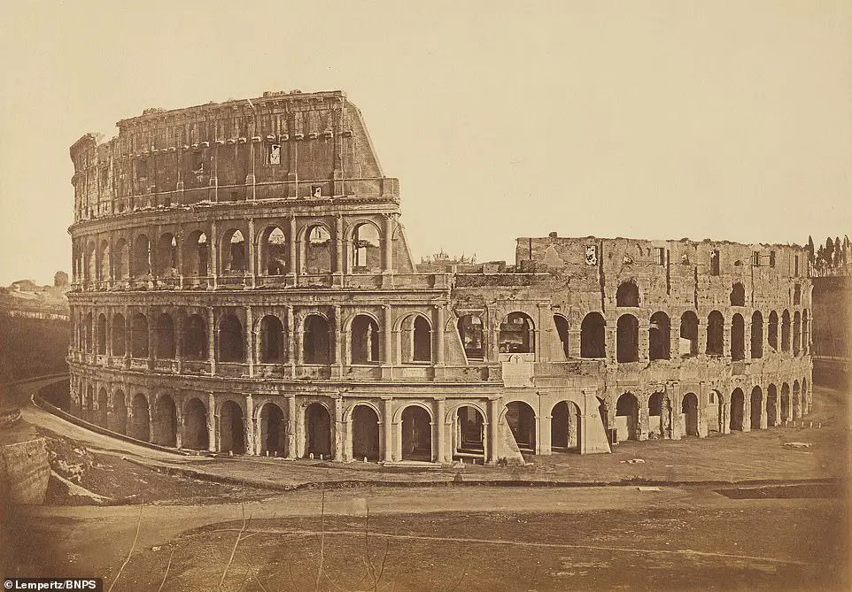 Photo of the Coliseum in Rome circa 1855 in sepia color