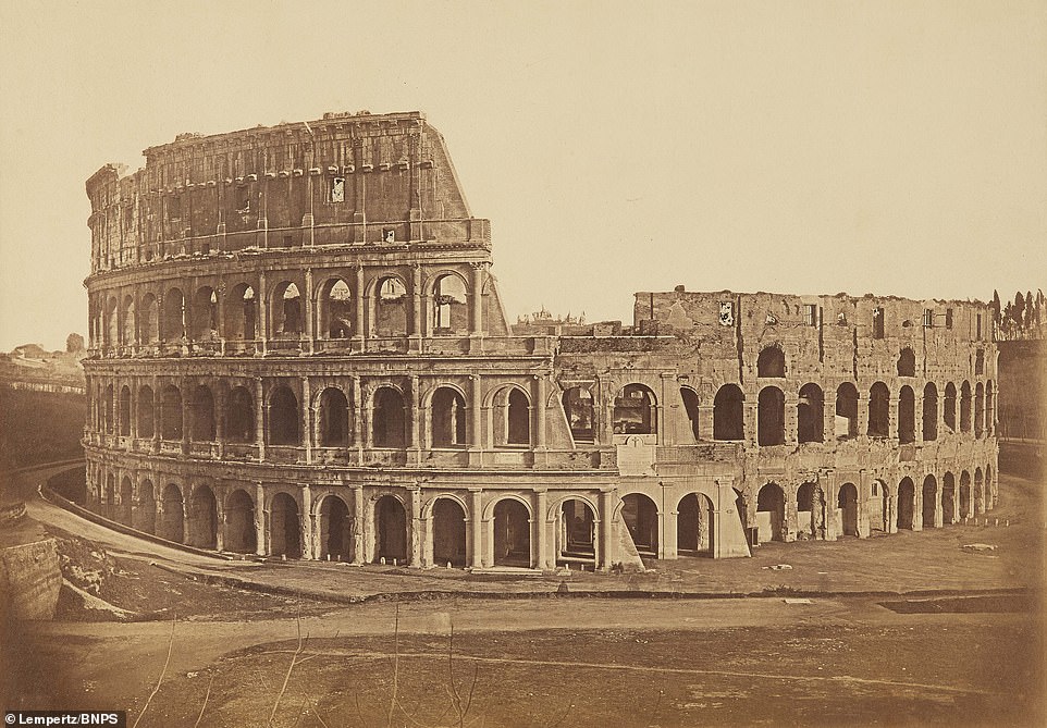 Photo of the Coliseum in Rome circa 1855 in sepia color